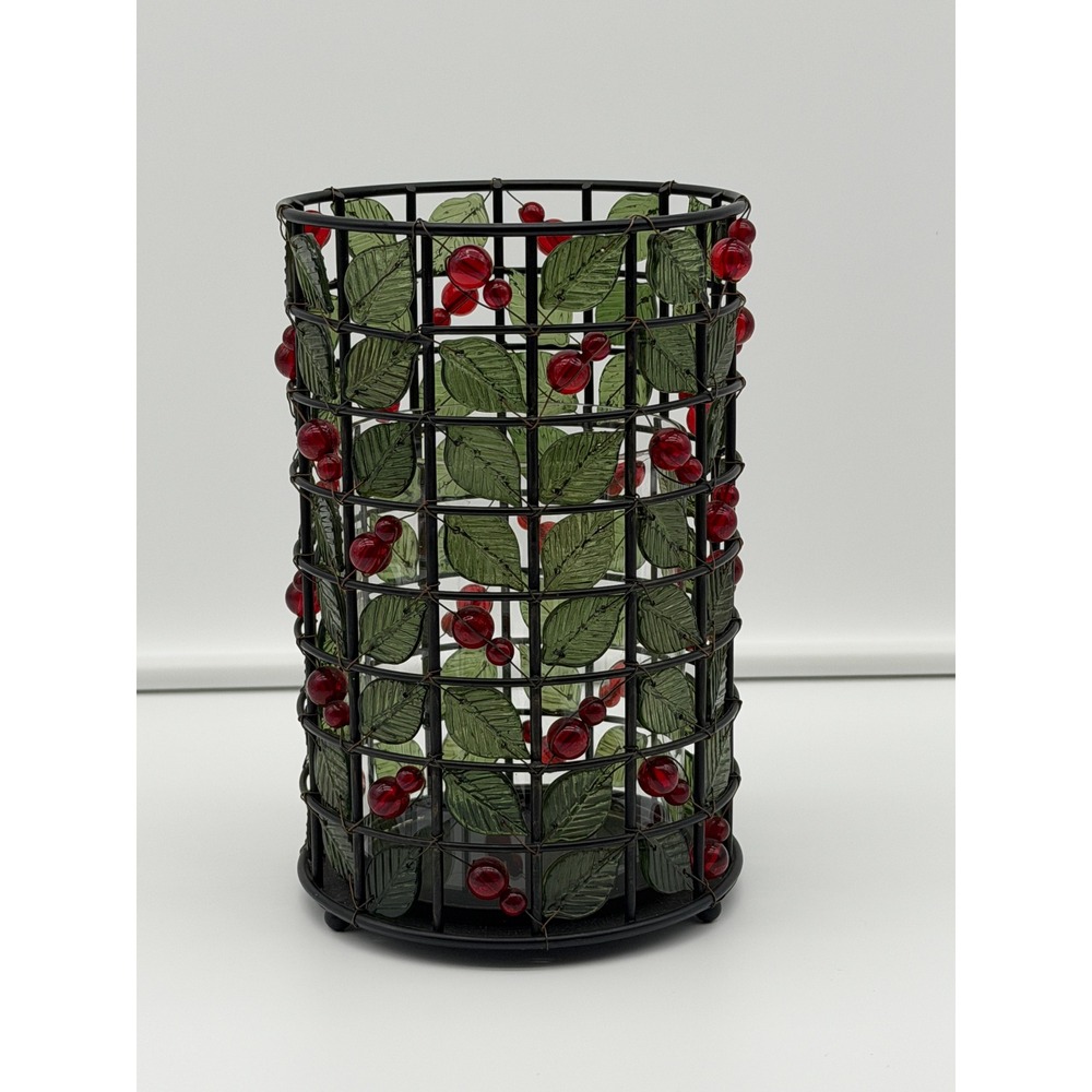 Red Berry and Green Glass Leaf Metal Wire Pillar Candle Holder with Glass Insert
